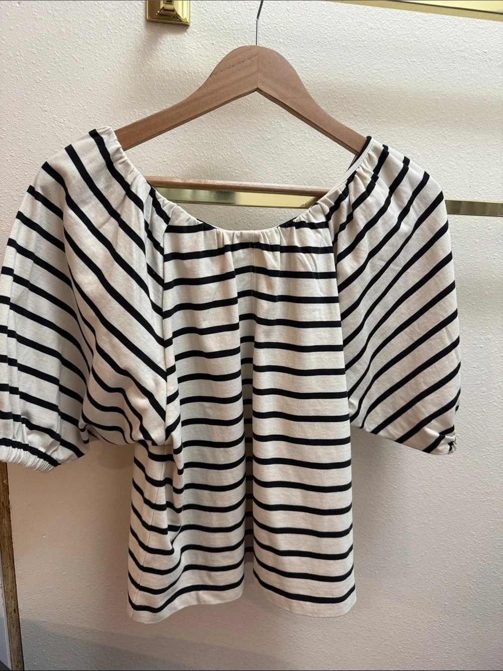 J. Crew Black and White Striped Off-Shoulder Puff Sleeve Top